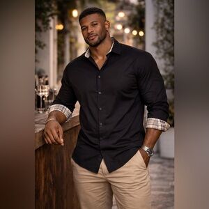 Albertini Black Button Down Shirt 3XL Luxury Contrast Cuff Plaid Trim Cotton NWT